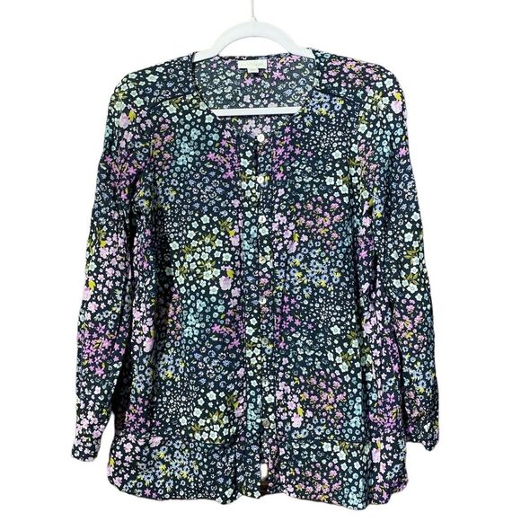 J.Jill Navy Ditsy Floral Print Button Down Long Sleeve Blouse Women's Size M - Picture 1 of 15